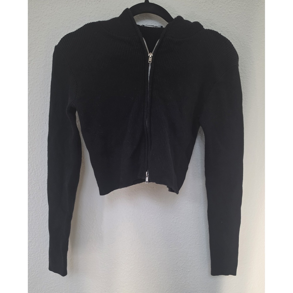 Brandy Melville Black Hoodie Women Ribbed Sweatshirt Long Sleeve Minimalist Top
